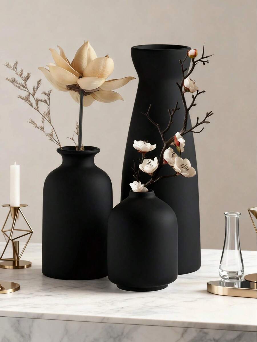 3pcs/Set Modern Decorative Art Black Vase Set, Suitable For Flower Arrangement In Living Room And Dining Room, Home Decor Vases In 3 Sizes, Suitable For Holiday Decoration And Daily Home Use, Black Artistic Style - Multicolor - View 1