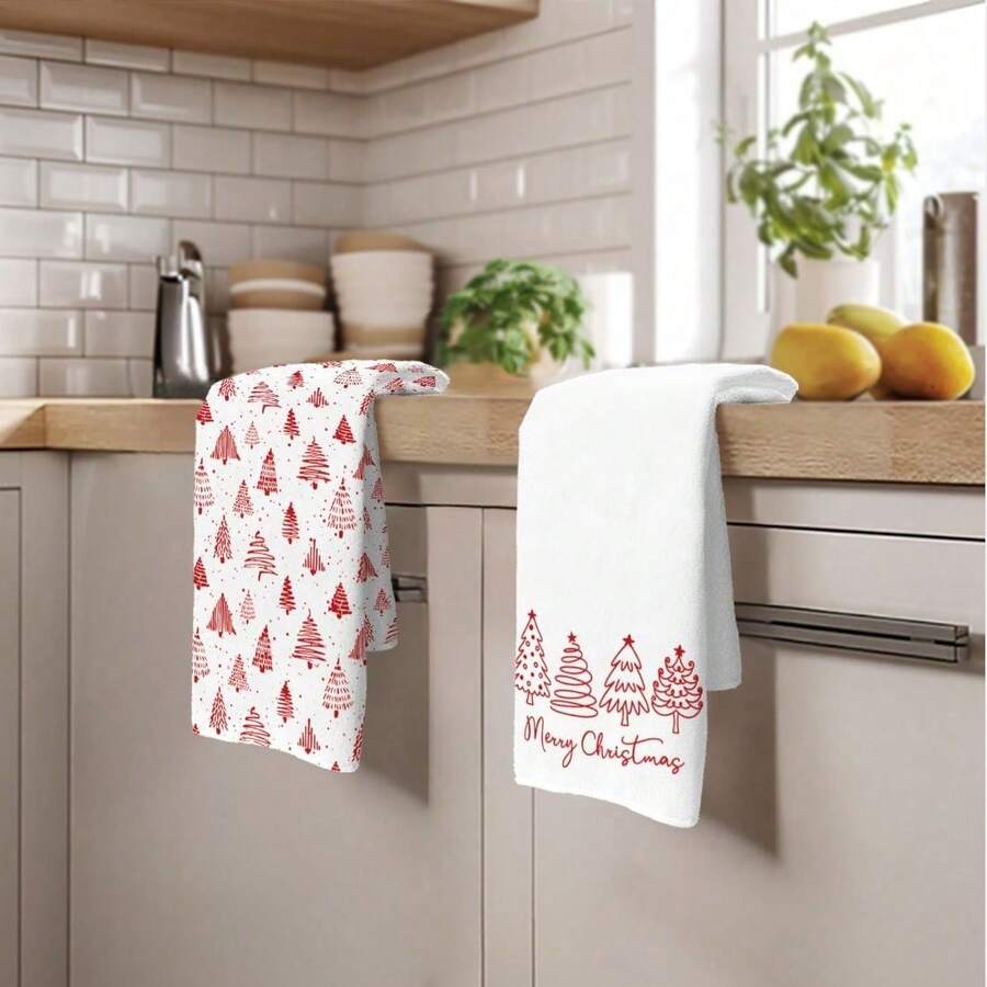 2pcs Multi-Use Minimalist Christmas Towels - Christmas Tree Pattern Soft Polyester Highly Absorbent Dish Cloths Machine Washable Suitable For Kitchen Decor Kitchen Cleaning Holiday Party Decoration Kitchen & Bathroom Essentials Home Decor  Gifts For Friends - Multicolor - View 1
