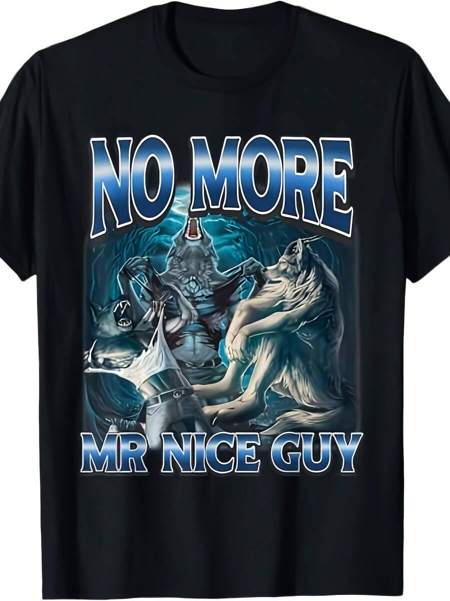 Men's Funny Alpha Wolf & "No More Mr. Nice Guy" Graphic T-Shirt - Bold Statement Wolf Pack Design With White & Blue Lettering, Casual Round Neck Short Sleeve Tee For Men, Spring/Fall/Summer Wear, Gaming & Everyday Outfits, Alfa Wolf Shirt For Wolf Lovers, Machine Washable, Relaxed Fit, Random Print, No Dry Clean, Ideal For Casual Outings & Gaming Events - 黑色 - 查看 1