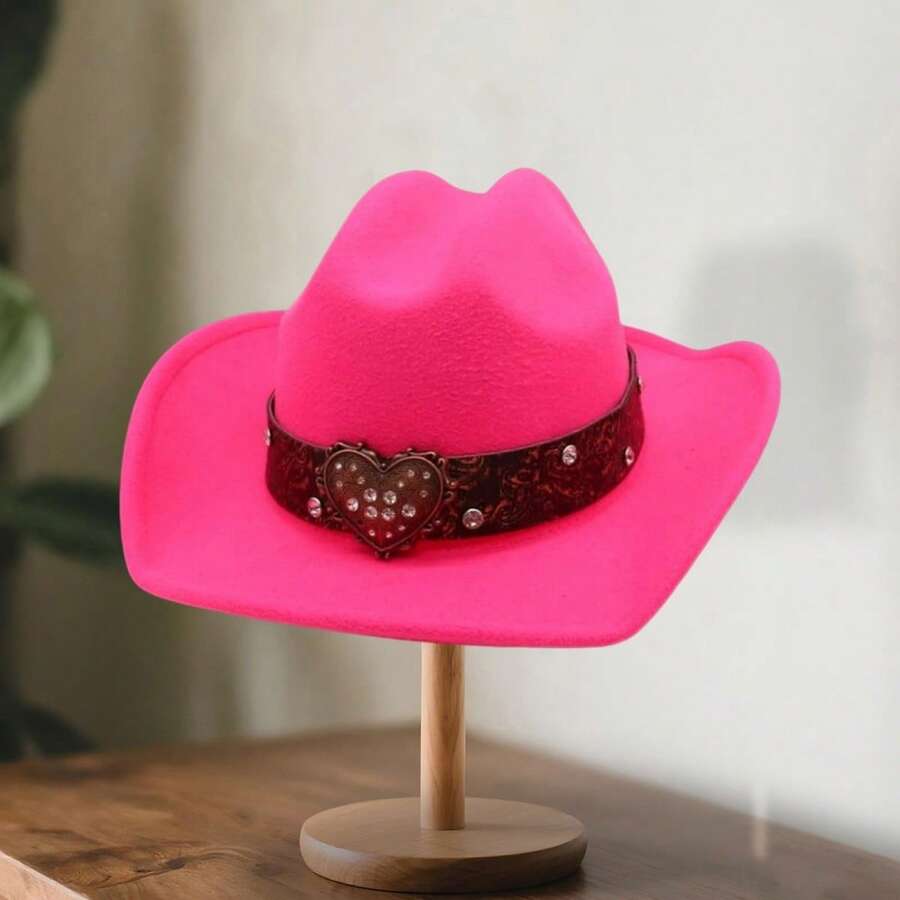 Women Men Western Cowgirl Hats Fashionable Elegant Wide Brim Fedora Caps With Heart Band - Hot Pink - View 1
