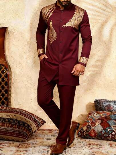 Men's Casual Long-Sleeved Two-Piece Suit, Mid-Length Top And Trousers