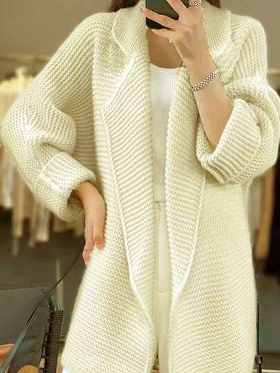 Plus Size Women's Elegant Mature Cardigan, Casual Daily Commute Knit Sweater, Fashion Versatile Solid Color Turndown Collar Long Sleeve Plus Size Cardigan