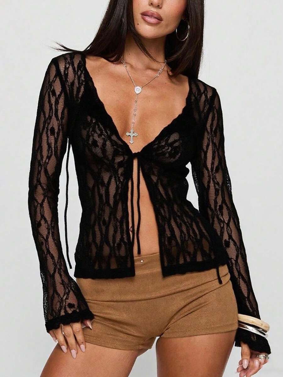 Women's Fashion Flower Lace Transparent Top Long Sleeve Round Neck Bow Tie Front Elegant Casual Top Daily Street Wear - 黑色 - 查看 1
