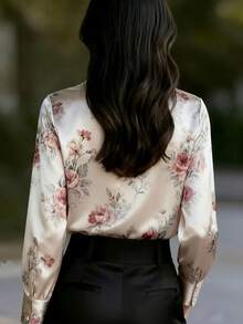Elegant Women's Satin Printed Button-Up Blouse, Suitable For Spring And Autumn - Apricot - View 2