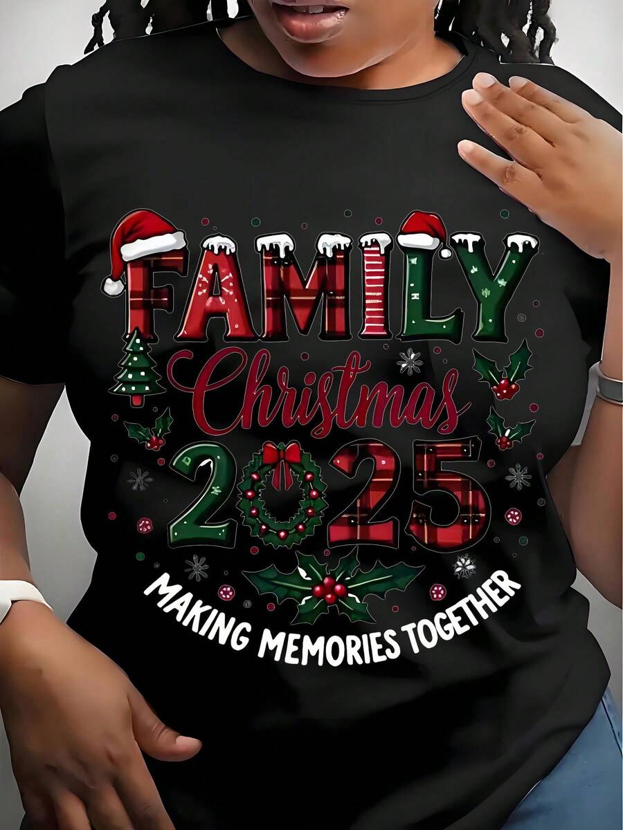 Plus Size Family Christmas 2025 Women T-Shirt Graphic Print Short Sleeve Tee Cotton Shirt Crew Neck Tee Machine Washable,220g - 黑色 - 查看 1