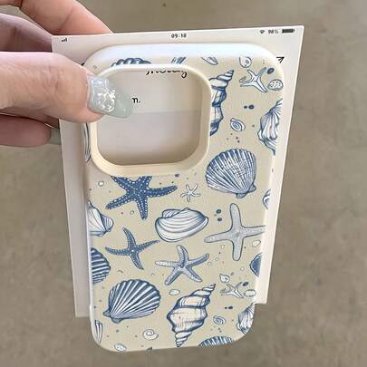 Shell 1件装白色贝壳图案全包覆式TPU防震手机壳，兼容苹果16、15、14、13、12、11 Pro Max