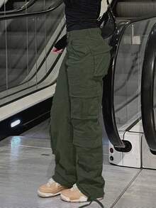 GILIPUR New Olive Green Casual Elegant Cargo Pants, Stretchy Multi-Pocket Design, Y2K Style Solid Color Loose Pants, Street Style For Autumn, Retro Fashion, Suitable For New Year, Valentine's Day, Spring Festival And Other Holidays Outings, Suitable For Spring, Summer, Autumn And Winter, Refined Casual, Ideal Choice For Formal Banquets, Casual Dinners And Concerts. - Army Green - View 9