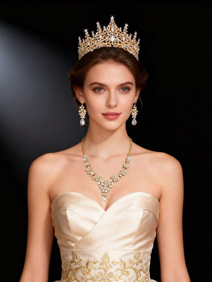 4件套奢华全镶钻首饰套装 - 金色宫廷风水晶皇冠项链及耳环，新娘婚礼派对女王级配饰