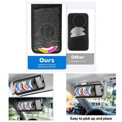 CD Case Holder Car, DVD Vehicle Visor Storage Organizer Large Capacity CD Visor Case Car Visor Organizer With 12 DVD Storage Sleeves 1 Mesh Pocket 1 Pen Holder And Elastic StrapBlack