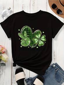 Peace Love Luck Shamrock Heart T Shirt St Patrick's Day Green Clover Design Women's Casual Top - màu đen - Xem 3