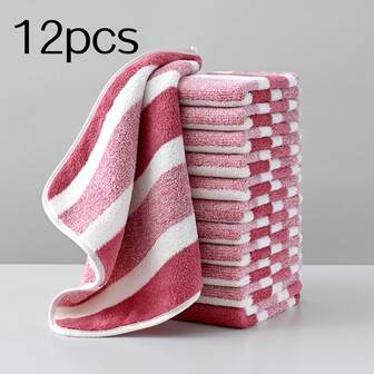 12件套超柔软条纹珊瑚绒手巾套装 - 11.8英寸 x 11.8英寸，速干亲肤，非常适合厨房和浴室使用，也可用作沙滩巾、纸巾、手巾、浴巾套装、厨房毛巾、浴室毛巾套装、圣诞装饰、感恩节装饰或圣诞礼物。
