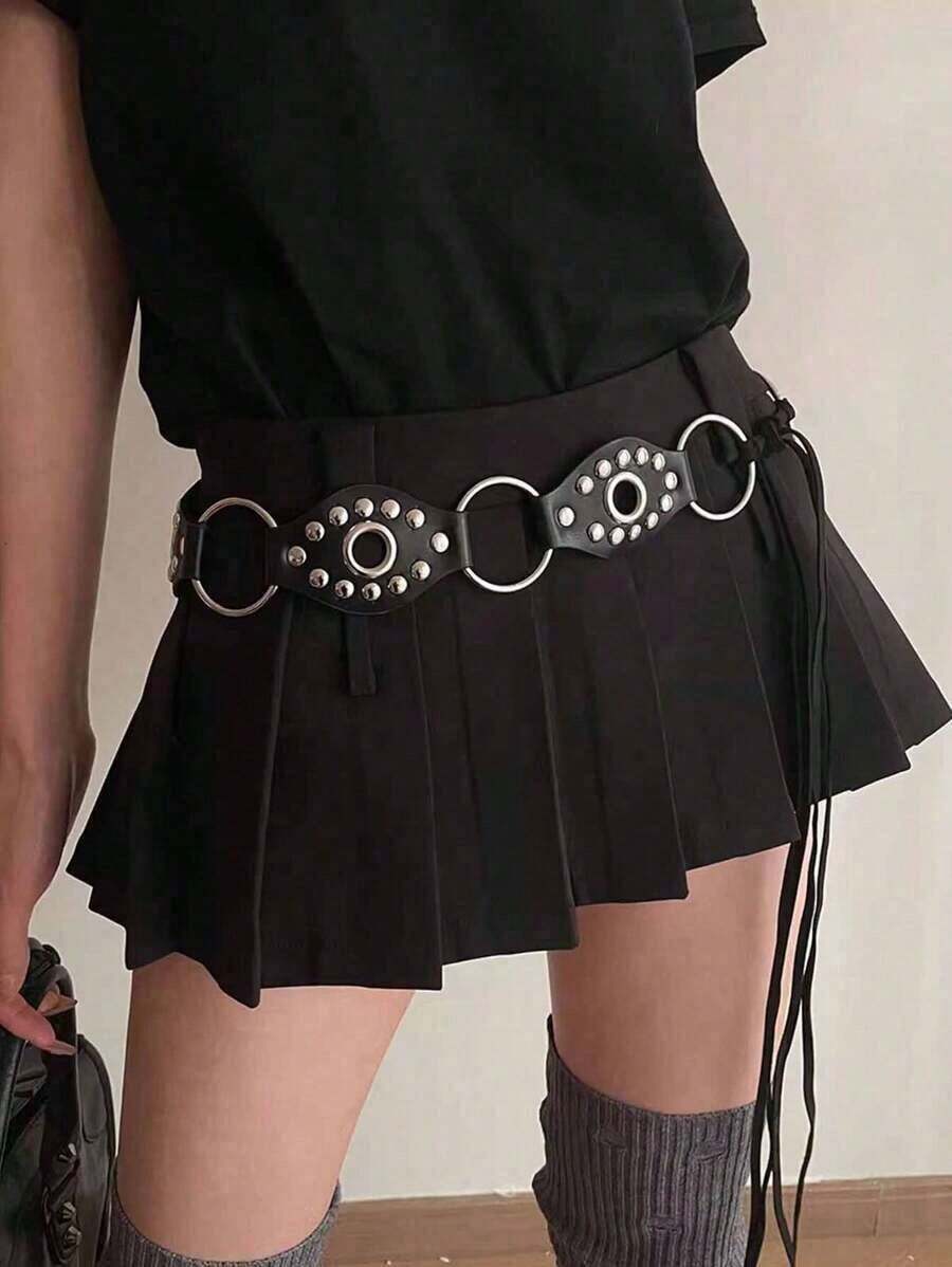 1pc Women's Coffee Color PU Round Ring Studded Buckle Waist Belt Summer, School Fall, Autumn, Halloween - 黑色 - 查看 1