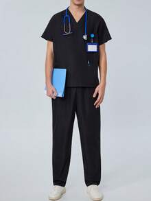cimmuovere Men's V-Neck Short Sleeve Multi-Pocket Top And Solid Scrubs Pants, Nurse Scrubs Workwear For Dentist, Healthcare, Pet Hospital, Laboratory - Black - View 9
