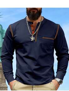 Men's Contrast Color Collar Polo Shirt, Vintage Button Design With Pocket, Casual Top - Navy Blue - View 1