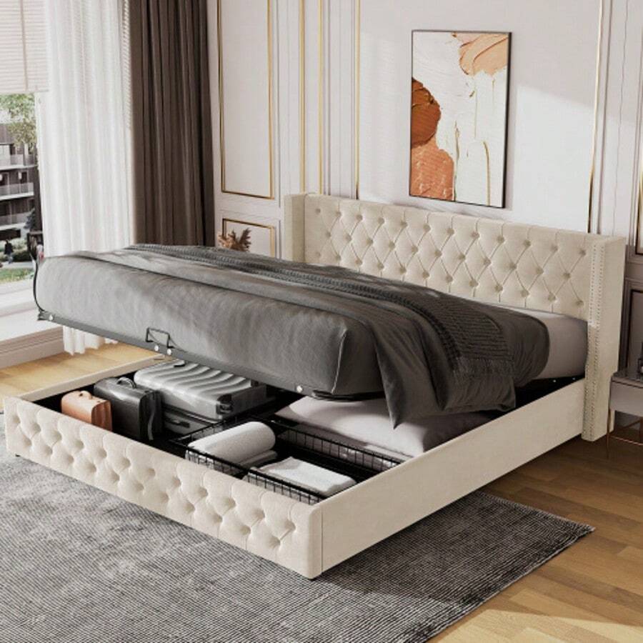 Bed Frames - Beige + Velvet - View 1