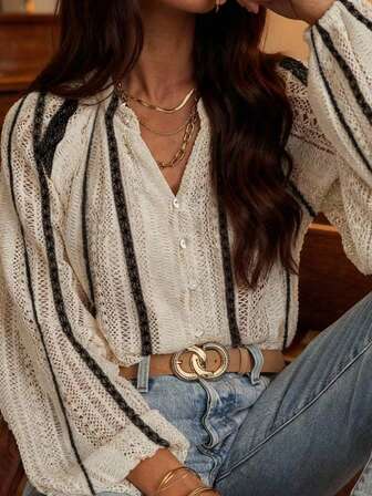 EARO Damblus i fransk stil med V-ringning, transparent, ihålig långärmad, lös passform, mångsidig, elegant och texturerad design