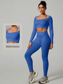 NcmRyu 1 Set Women's Fashion Square Neck Ribbed Seamless Long Sleeve Top And Pants Activewear Set - Blue - View 1