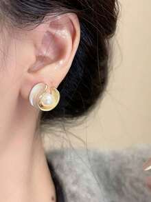 9pcs/Set Fashionable Minimalist Shell Flower Elegant Personalized Versatile Petal Earrings, Delicate Super Fairy Luxury Faux Pearl Geometric Drip Oil Rhinestone Earring Set, Suitable For Women Daily & Festival Wear - Set C - View 2