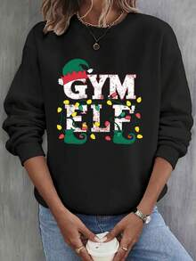 Sudadera Navideña Divertida De Elfo Para Mujer - Cuello Redondo Con Diseño Gráfico Y Zapatos De Duende, Suéter Rojo Y Verde Festivo, Ropa Casual Invierno/Primavera, Lavable A Máquina, Estampado ELF Fiestero Con Gorro E Bastones De Caramelo, Tejido No Elástico Para Un Ajuste Cómodo, Idealpara Fiestas Natalicias Y Atuendos Cotidianos - Oscuro - Ver 1