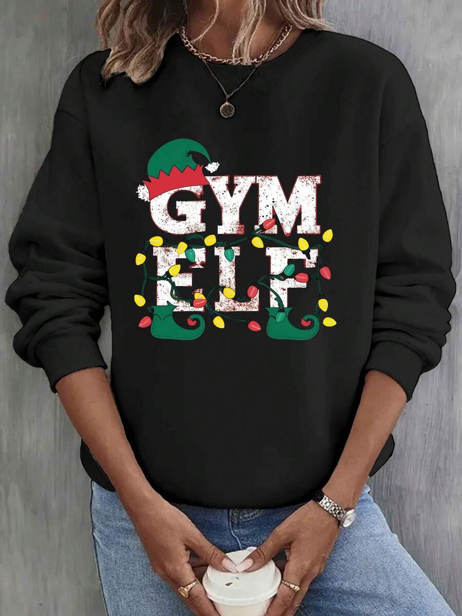 Sudadera Navideña Divertida De Elfo Para Mujer - Cuello Redondo Con Diseño Gráfico Y Zapatos De Duende, Suéter Rojo Y Verde Festivo, Ropa Casual Invierno/Primavera, Lavable A Máquina, Estampado ELF Fiestero Con Gorro E Bastones De Caramelo, Tejido No Elástico Para Un Ajuste Cómodo, Idealpara Fiestas Natalicias Y Atuendos Cotidianos - Oscuro - Ver 1