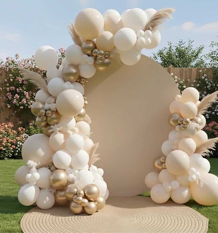 White And Gold Balloon Arch Garland Kit, Featuring 126 Neutral Nude, White, And Metallic Gold Balloon, Perfect For Bohemian Weddings, Baptisms, Bridal Parties, Engagements, And Birthday Party Decorations. - 彩色 - 查看 1