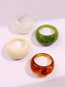 4件套创意秋冬扎染几何不对称弧形树脂戒指套装，时尚经典可爱饰品，适合女性参加派对和日常佩戴，粗犷玳瑁饰品 - 多色A - 查看 5