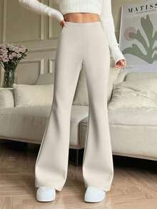 Quần thể thao yoga ống loe cạp cao màu trơn dành cho nữ cỡ nhỏ, quần legging bó sát nén thích hợp cho chạy bộ và tập thể dục. - Màu be - Xem 2