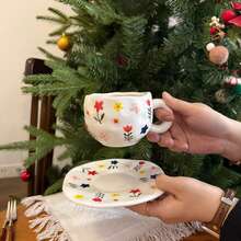 Bộ tách cà phê và đĩa sứ họa tiết hoa và sao nhiều màu sang trọng cổ điển, cốc sứ chịu nhiệt cao, cốc đựng bánh, quà tặng, sử dụng tại văn phòng và gia đình - Hoa nhỏ - Xem 12