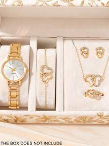 6pcs Compact And Elegant Women's Quartz Watches, Multi-Piece Set Of Ladies' Light Luxury Style Jewelry And Watches With Heart-Shaped Rhinestone Decorations. Metal Strap Watch Paired With Heart Bracelet, Necklace, Earrings, And Ring, Fully Showcasing A Sweet, Light Luxury Romantic Vibe. Comfortable To Wear, Suitable For Refined Everyday Commuting Outfits, Eye-Catching Looks For Dates And Shopping