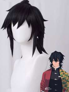 12inch Black Mid-Length Anime Wig, Synthetic High Temperature Fiber Wig For Cosplay, Daily Wear, Masquerade, Holiday Party, Men