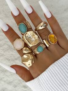 7pcs/Set Minimalist Luxury Metal Alloy & Pearl Geometric Creative Unique Women Jewelry Ring Set, Perfect Gift For Daily Wear & Any Occasion - 30188-r-g-1 - View 8