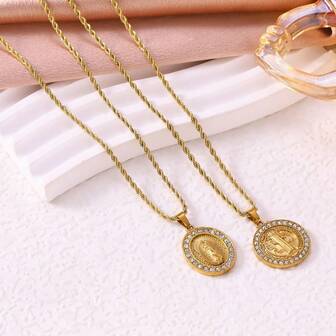 Serie de collares con medalla religiosa exquisita de acero inoxidable con CZ chapado en oro de 18k - Accesorio decorativo, unisex, adecuado como regalo devoto