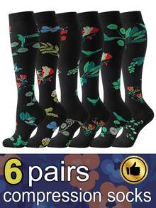 6 Pairs Compression Socks For Women, Floral Pattern Socks Breathable High Tube Socks For Running Fitness Skipping Cycling Athletic Compression Socks - Multicolor - View 8