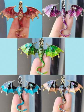 1pc Fashionable European & American Alloy Vintage Fierce Dragon Gradient Enamel Rhinestone Glass Unisex Chic Animal Brooch Pin