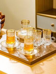 1 Set, Gold Plated Transparent Glass Coffee Cup Set With Saucer, Handle, Thick Heat-Resistant Design - Ideal For Latte, Tea, Beverages - Reusable Multipurpose Glass Drinkware, Suitable For Home And Office Use