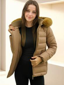 女士修身冬季外套，带风琴褶和毛领，保暖且带口袋 - 适合外出、冬季、万圣节、新年及各种场合 - 棕色 - 查看 1