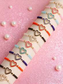 6Pcs/Lot Exquisite Fashion Cute Sweet Girls Boys Bracelets With Rhinestones Acrylic Beads Adjustable Drawstring Styles Birthday Party Children's Day Gifts Daily Wearing Accessories Random Styles - 6 Rhinestone Heart Drawstring Bracelet - View 4