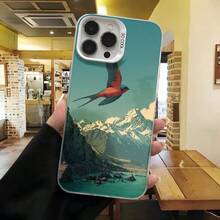 Cubierta de telefono con borde negro y diseño de montaña azul con ave volando y texto SO COOL para uso diario en cafeterias - Blanco - Ver 2