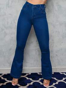 Women's High-Waisted Flare Jeans, Blue, Escora – Maxxi Primeiro Jeans - Rửa tối - Xem 16