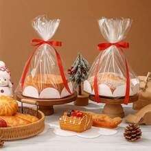 20 Pcs Christmas Clear Plastic Bake Bags With Red Ribbon 8 Inch Clear Cellophane Bags For Toast Bread Cookies Candy Chocolate Cake Christmas Gift Packaging Cake Tray And Gold Ribbon - 清紅金 - 查看 3