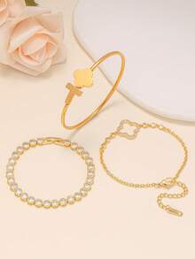 3pcs Fashionable Stainless Steel Zirconia Bracelet Set For Women, Suitable For Party, Gathering, And Daily Wear - Gold - View 13