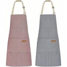 NLUS 2 Pack Kitchen CooFKing Aprons, Adjustable Bib Soft Chef Apron With 2 Pockets For Men Women (Blue Pinstripes/Pink Pinstripes),Blue/Pink - 藍/粉紅色 - 查看 1