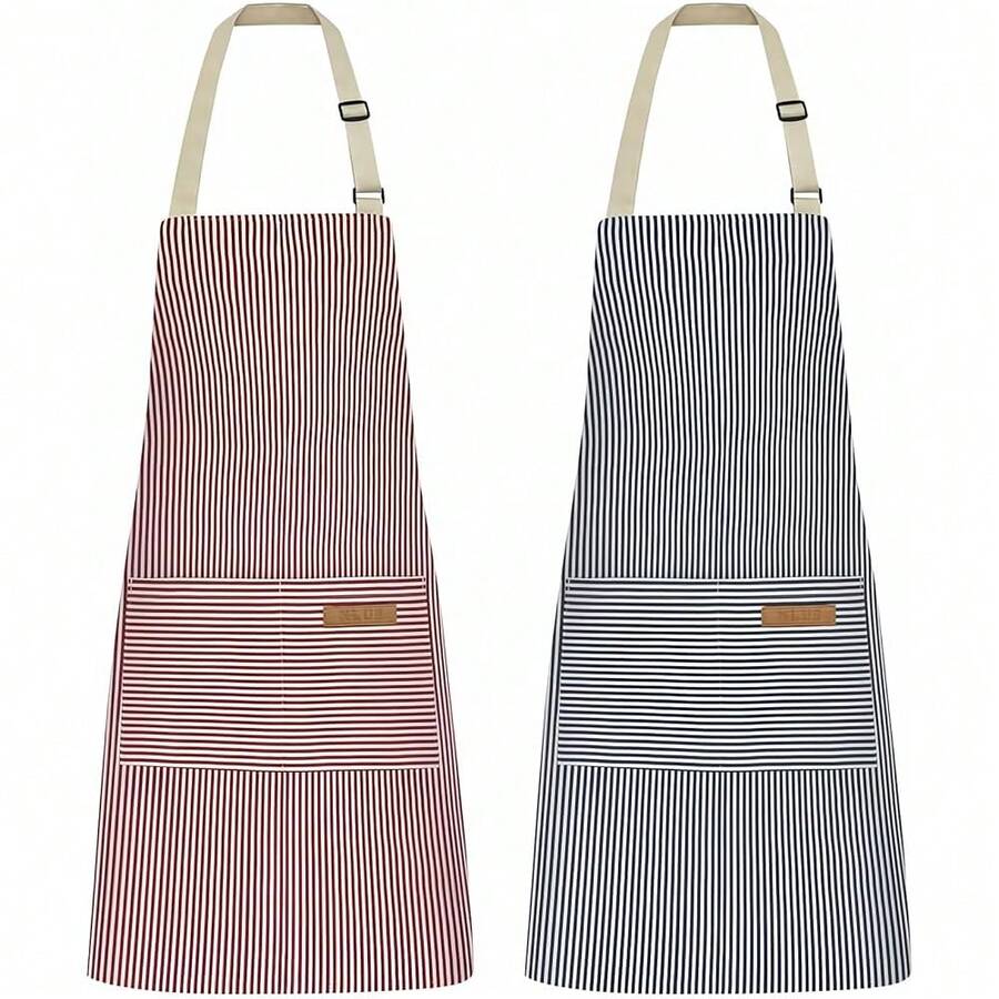 NLUS 2 Pack Kitchen CooFKing Aprons, Adjustable Bib Soft Chef Apron With 2 Pockets For Men Women (Blue Pinstripes/Pink Pinstripes),Blue/Pink - 藍/粉紅色 - 查看 1
