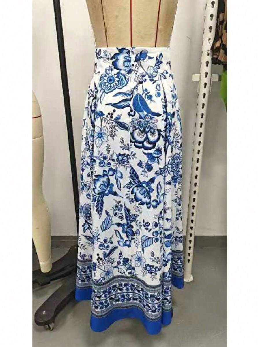 女士花卉印花高腰长款休闲裙，适合度假 - 彩色 - 查看 1