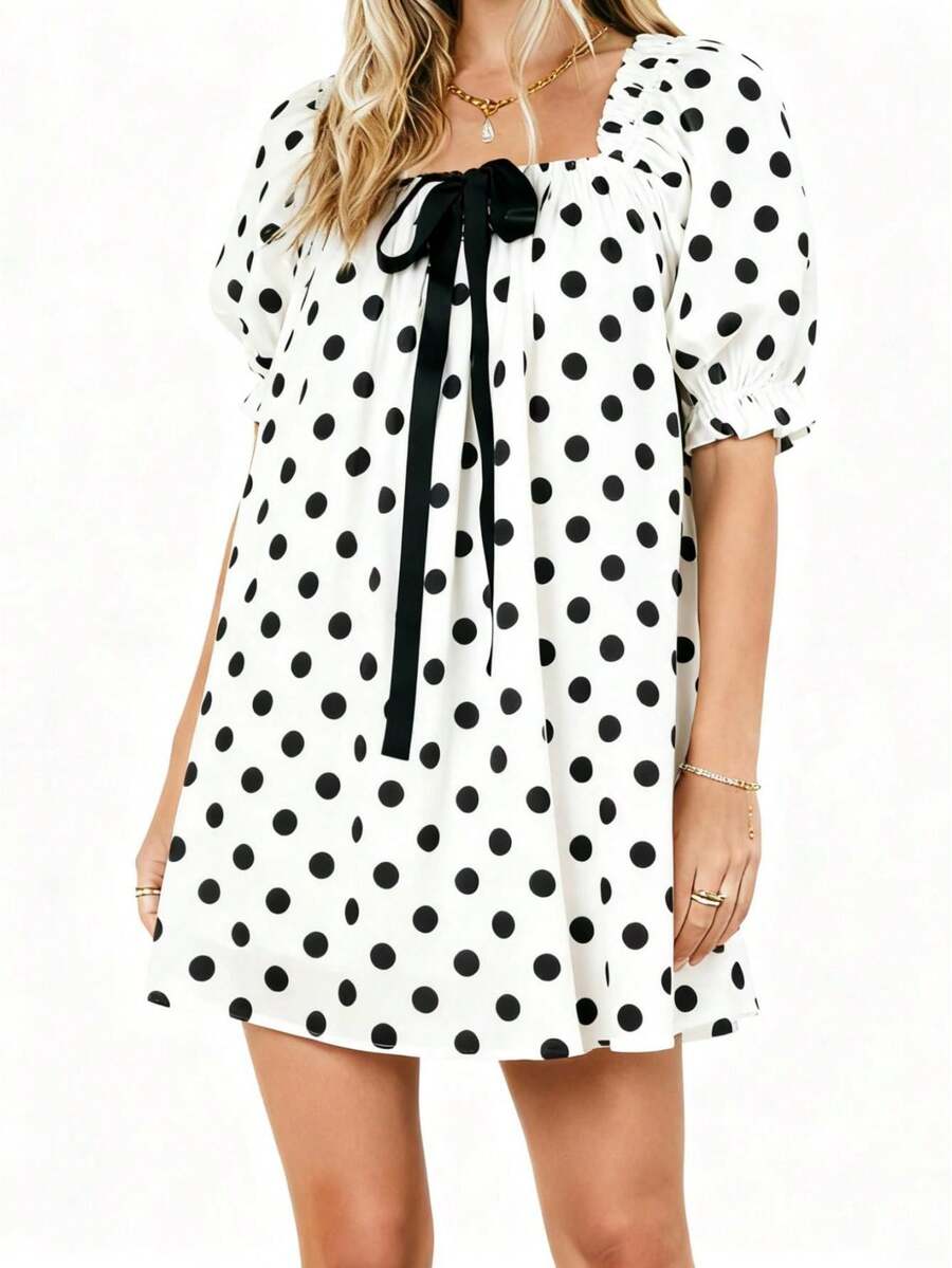 Women's Polka Dot Mini Dress Loose Bow Square Neck Puff Sleeve Short Dress For Daily/Travel - 白底黑波點 - 查看 1