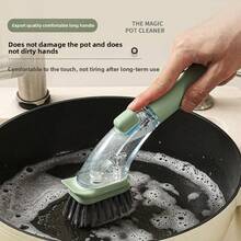 1pc Automatic Liquid Dispensing Long Handle Pot Cleaning Brush, Kitchen Dishwashing Scrub Brush With Steel Wire & PET Bristles