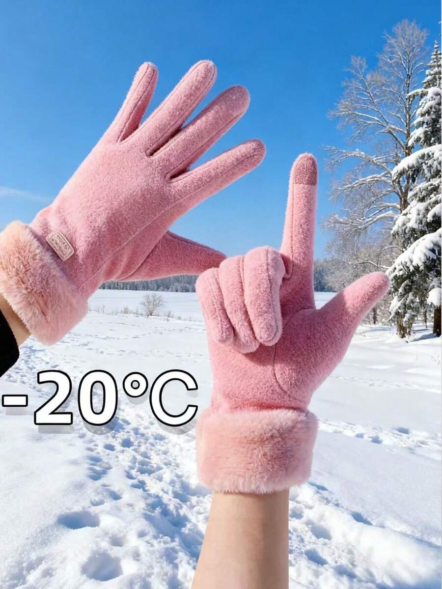 1Pair Adorable Student Warm Gloves For Women, Responsive Touchscreen Thickened Windproof – Fall & Winter Essential For Riding & Daily Use - Hồng - Xem 1