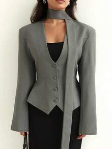 1pc Women's Solid Color Woven Fabric Button Casual/Office Jacket, Spring/Autumn - Grey - View 3