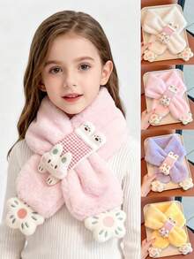 1条女孩可爱毛绒兔子卡通围巾 - 加厚保暖动物围巾，柔软蓬松的颈部保暖套，适合秋冬季户外活动，儿童上学围巾，朋友礼物