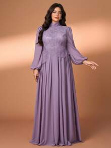 YISIKADO Women Plus Size Elegant Long Dress Stand Collar Bishop Sleeve Appliques Zipper Contrast Mesh Formal Evening Gown - Màu tím - Xem 4